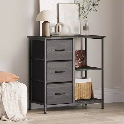 3 Drawer File Cabinet, 3 Tier Vertical Filing Cabinet with Open Shelves & Metal Frame, Wood Printer Stand, Small Bedside Table for Bedroom Office
