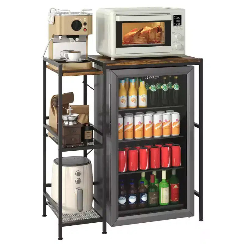 Mini Fridge Stand with Storage Shelves, 3 Tier Wooden Kitchen Bakers Rack, Freestanding Utility Microwave Stand, Coffee Bar Table for Dorm Kitchen