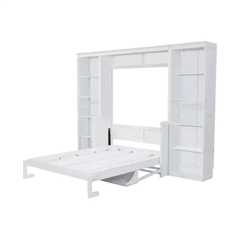 Schrankbett mit ausklappbarem Schreibtisch & Bücherregal-Stauraum, wandmontiertes Doppel-/Queensize-Plattformbett, massives Kiefernholz & MDF, Dunkelbraun oder Weiß