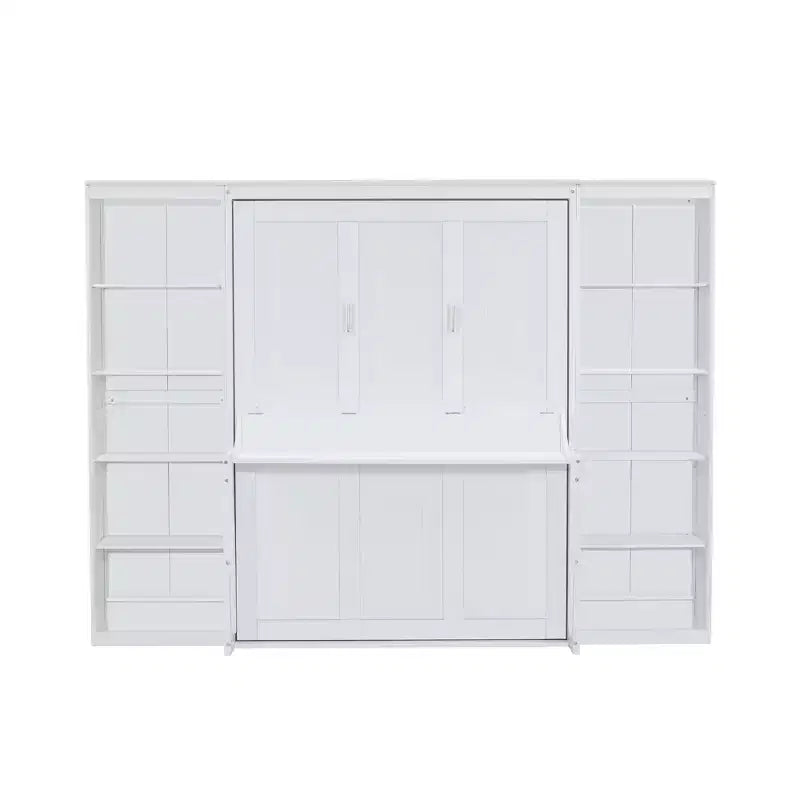 Schrankbett mit ausklappbarem Schreibtisch & Bücherregal-Stauraum, wandmontiertes Doppel-/Queensize-Plattformbett, massives Kiefernholz & MDF, Dunkelbraun oder Weiß
