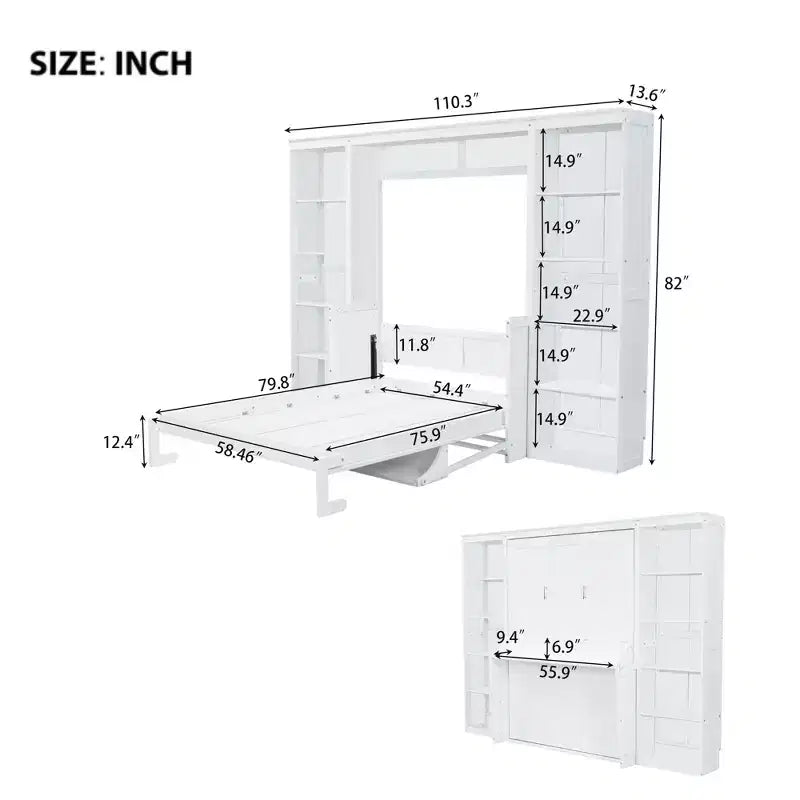 Schrankbett mit ausklappbarem Schreibtisch & Bücherregal-Stauraum, wandmontiertes Doppel-/Queensize-Plattformbett, massives Kiefernholz & MDF, Dunkelbraun oder Weiß