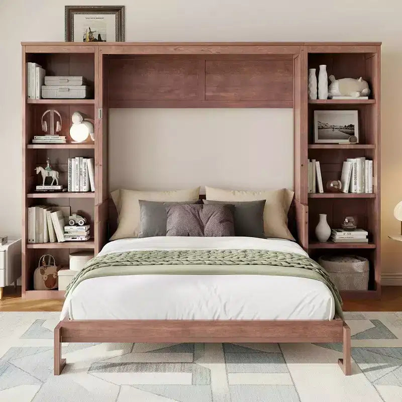 Schrankbett mit ausklappbarem Schreibtisch & Bücherregal-Stauraum, wandmontiertes Doppel-/Queensize-Plattformbett, massives Kiefernholz & MDF, Dunkelbraun oder Weiß