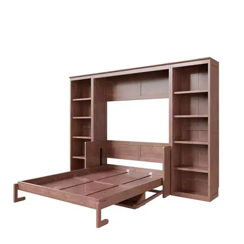 Schrankbett mit ausklappbarem Schreibtisch & Bücherregal-Stauraum, wandmontiertes Doppel-/Queensize-Plattformbett, massives Kiefernholz & MDF, Dunkelbraun oder Weiß