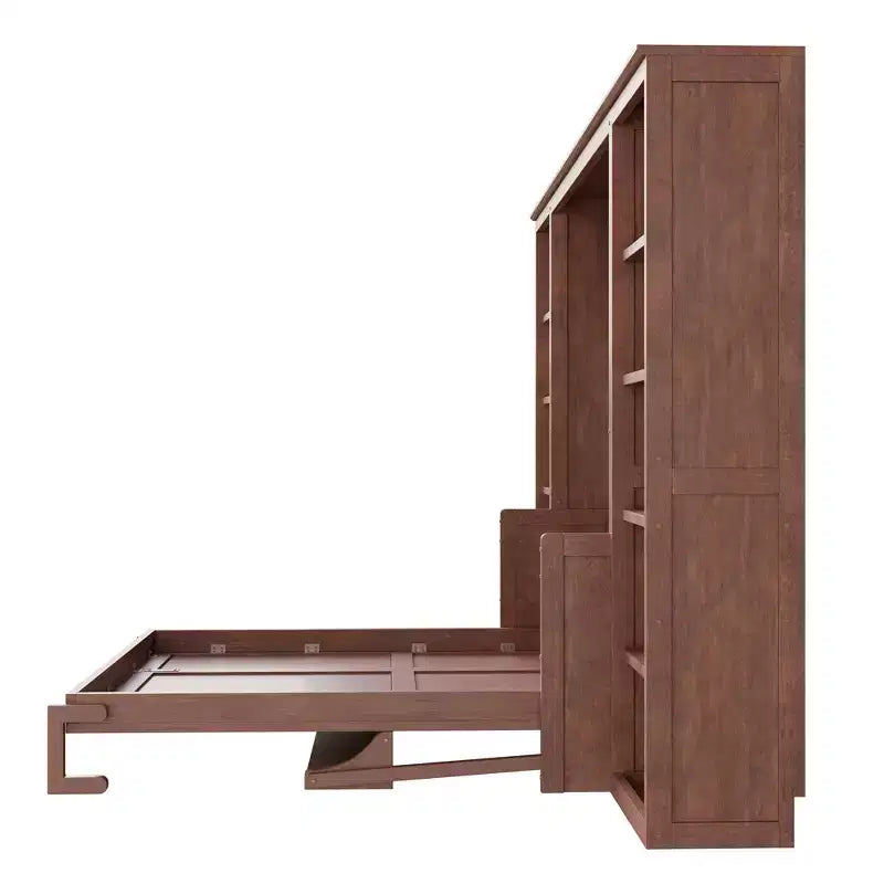 Schrankbett mit ausklappbarem Schreibtisch & Bücherregal-Stauraum, wandmontiertes Doppel-/Queensize-Plattformbett, massives Kiefernholz & MDF, Dunkelbraun oder Weiß