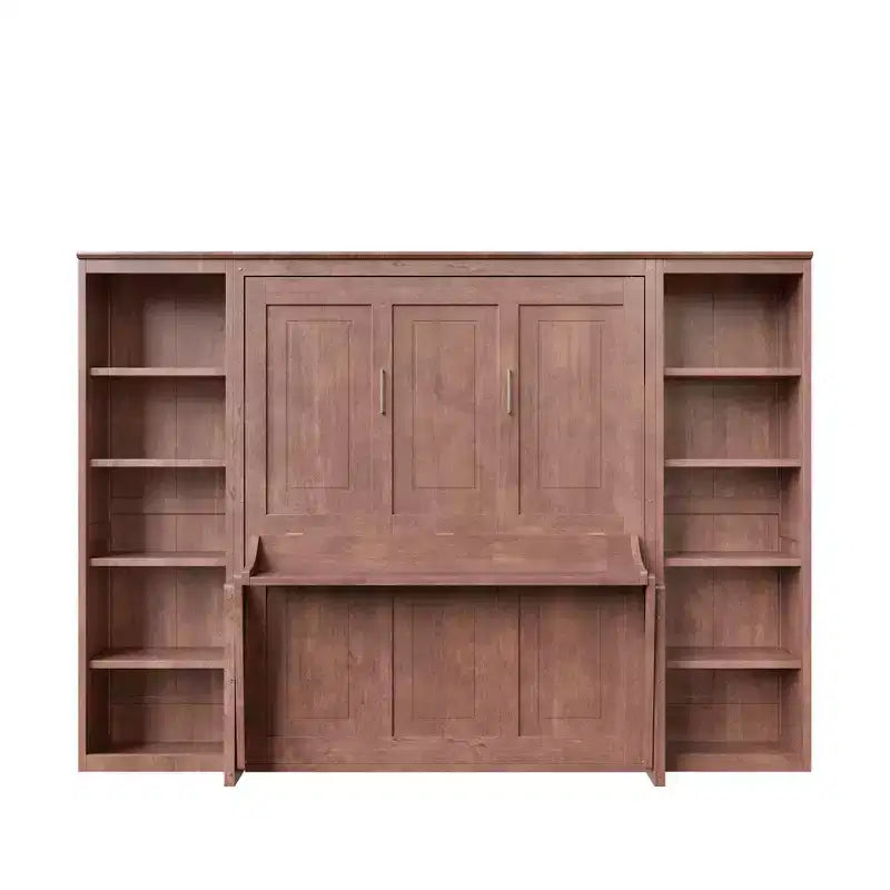 Schrankbett mit ausklappbarem Schreibtisch & Bücherregal-Stauraum, wandmontiertes Doppel-/Queensize-Plattformbett, massives Kiefernholz & MDF, Dunkelbraun oder Weiß