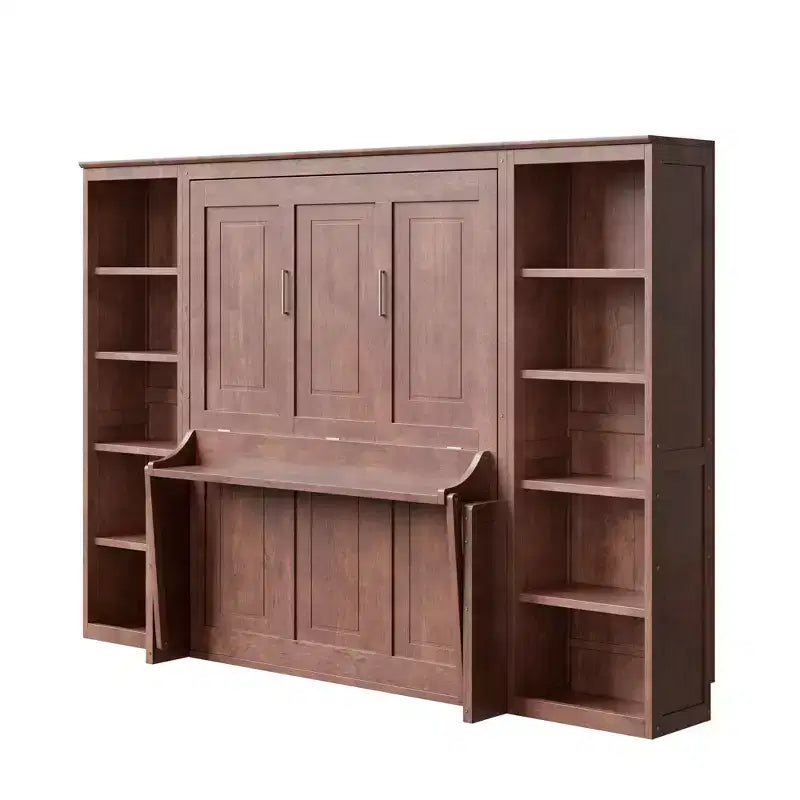 Schrankbett mit ausklappbarem Schreibtisch & Bücherregal-Stauraum, wandmontiertes Doppel-/Queensize-Plattformbett, massives Kiefernholz & MDF, Dunkelbraun oder Weiß