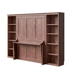 Schrankbett mit ausklappbarem Schreibtisch & Bücherregal-Stauraum, wandmontiertes Doppel-/Queensize-Plattformbett, massives Kiefernholz & MDF, Dunkelbraun oder Weiß