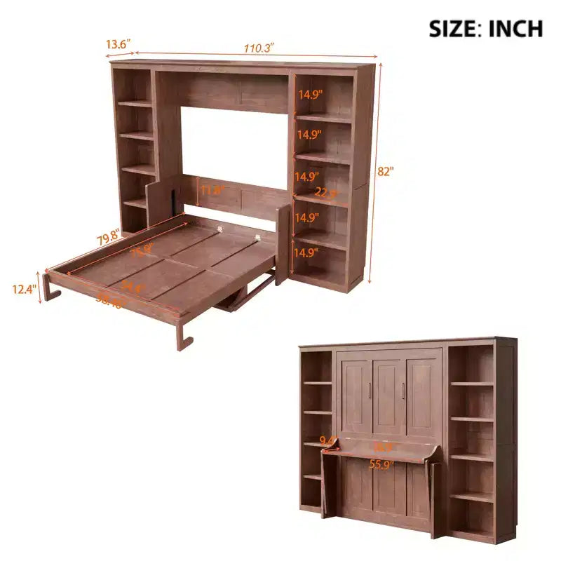 Schrankbett mit ausklappbarem Schreibtisch & Bücherregal-Stauraum, wandmontiertes Doppel-/Queensize-Plattformbett, massives Kiefernholz & MDF, Dunkelbraun oder Weiß