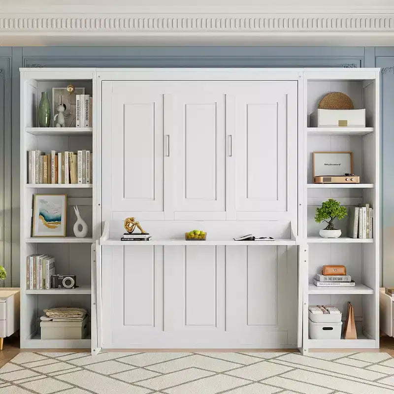 Schrankbett mit ausklappbarem Schreibtisch & Bücherregal-Stauraum, wandmontiertes Doppel-/Queensize-Plattformbett, massives Kiefernholz & MDF, Dunkelbraun oder Weiß