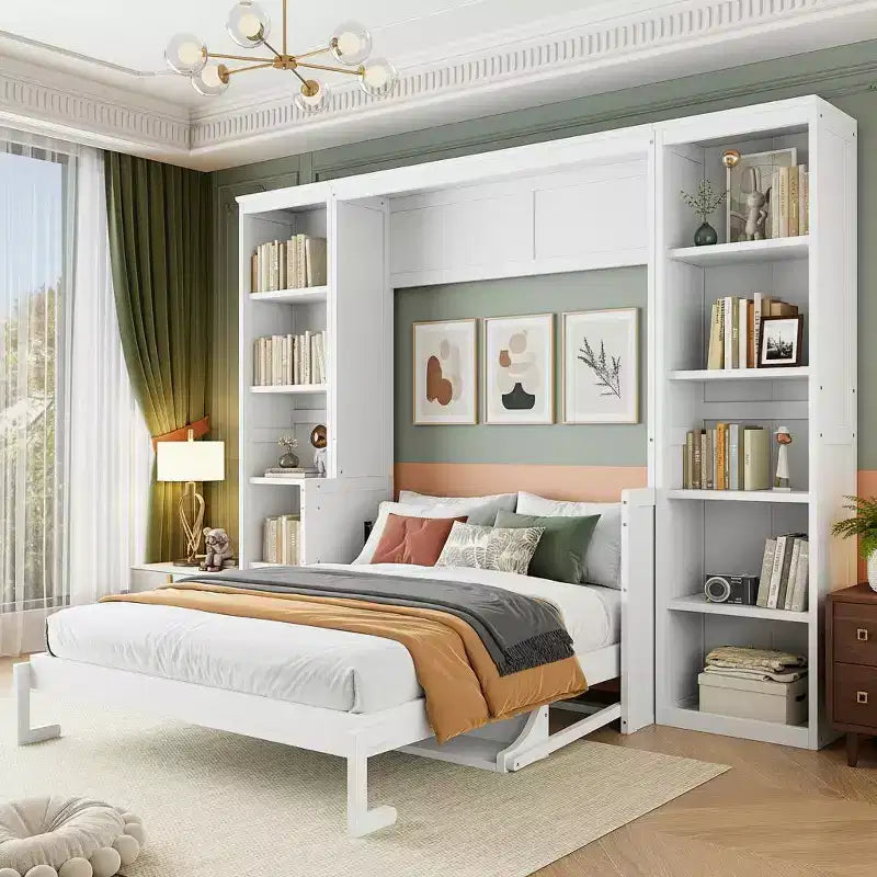 Schrankbett mit ausklappbarem Schreibtisch & Bücherregal-Stauraum, wandmontiertes Doppel-/Queensize-Plattformbett, massives Kiefernholz & MDF, Dunkelbraun oder Weiß