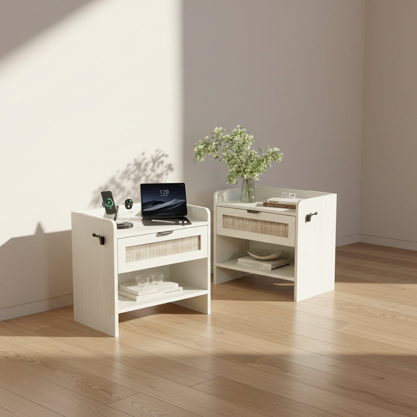 Rattan Nachttisch 2er-Set, Beistelltisch, Moderner Nachttisch mit 2 Schubladen, Stauraum, Geeignet für Schlafzimmer, Büro oder Wohnzimmer