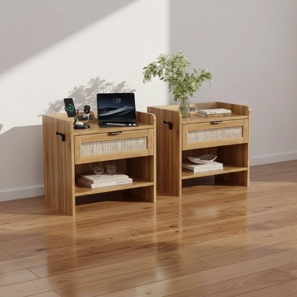 Rattan Nachttisch 2er-Set, Beistelltisch, Moderner Nachttisch mit 2 Schubladen, Stauraum, Geeignet für Schlafzimmer, Büro oder Wohnzimmer