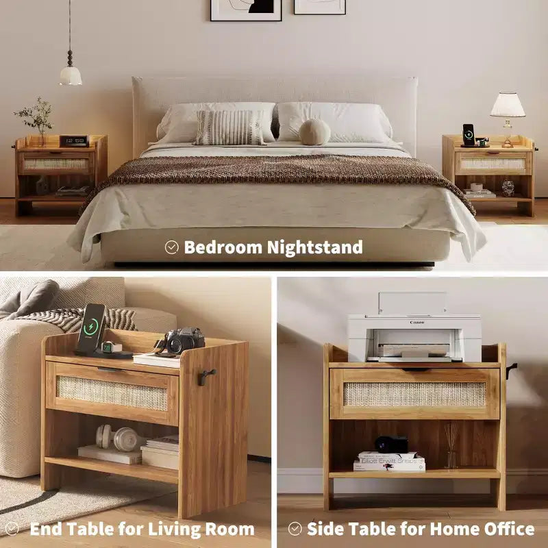 Rattan Nachttisch 2er-Set, Beistelltisch, Moderner Nachttisch mit 2 Schubladen, Stauraum, Geeignet für Schlafzimmer, Büro oder Wohnzimmer