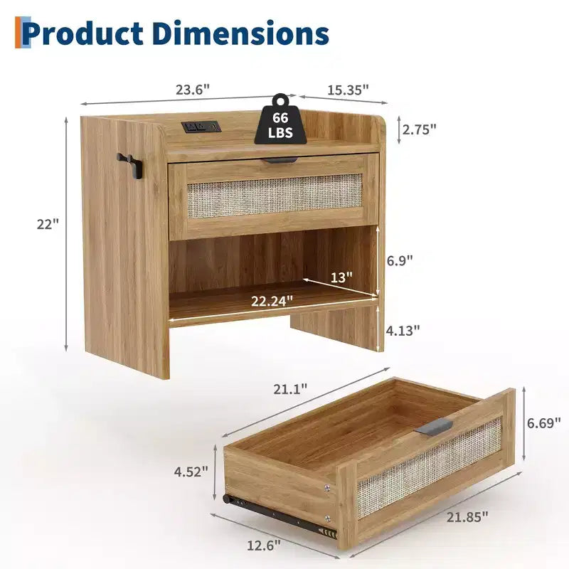 Rattan Nachttisch 2er-Set, Beistelltisch, Moderner Nachttisch mit 2 Schubladen, Stauraum, Geeignet für Schlafzimmer, Büro oder Wohnzimmer