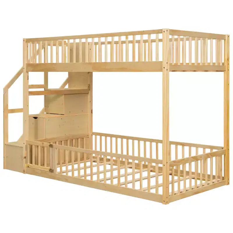 Etagenbett mit Stauraumtreppe, Etagenbett aus Holz in Einzelbettgröße mit Schutzgitter
