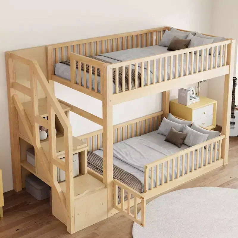 Etagenbett mit Stauraumtreppe, Etagenbett aus Holz in Einzelbettgröße mit Schutzgitter