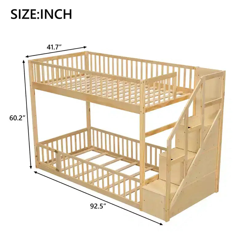 Etagenbett mit Stauraumtreppe, Etagenbett aus Holz in Einzelbettgröße mit Schutzgitter