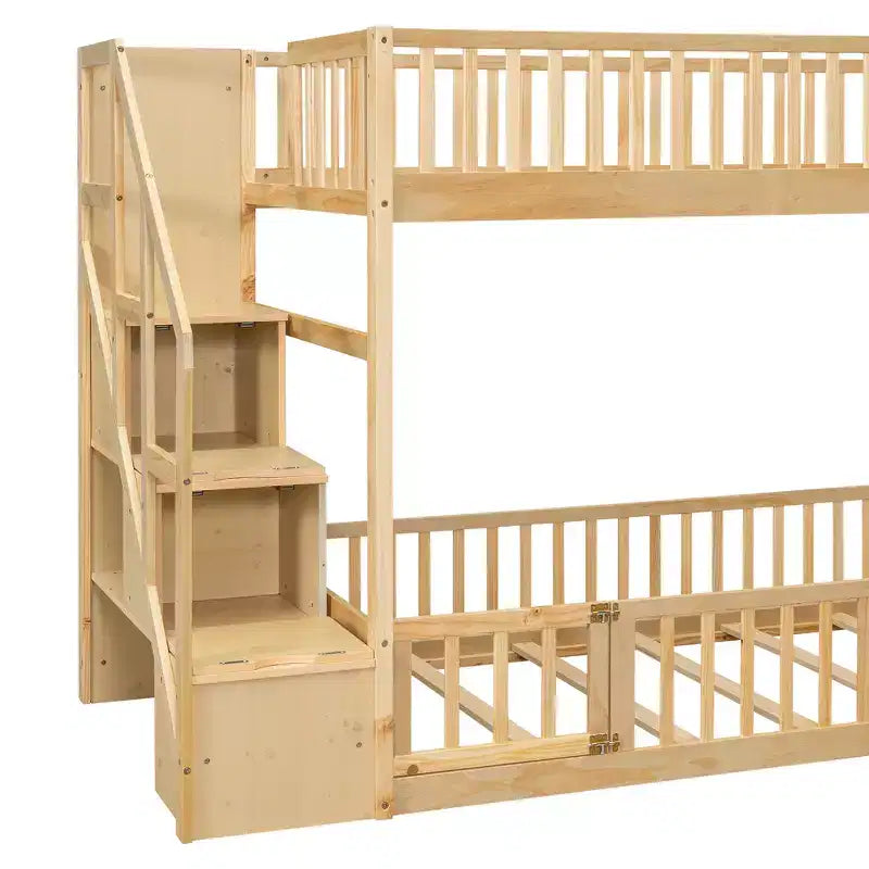 Etagenbett mit Stauraumtreppe, Etagenbett aus Holz in Einzelbettgröße mit Schutzgitter