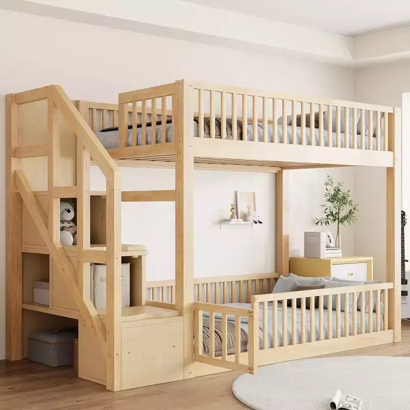 Twin Over Twin Floor Bunk Bed with Storage Stairs, Twin Size Wooden Bunk Bed Frame with Guardrail