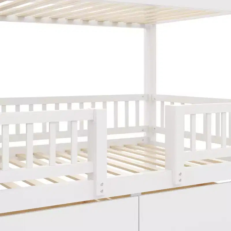 Doppel-Etagenbett mit Rutsche und Treppe mit Stauraum, Etagenbettgestell aus massivem Kiefernholz in Doppelbettgröße mit Schubladen und Schutzgeländer