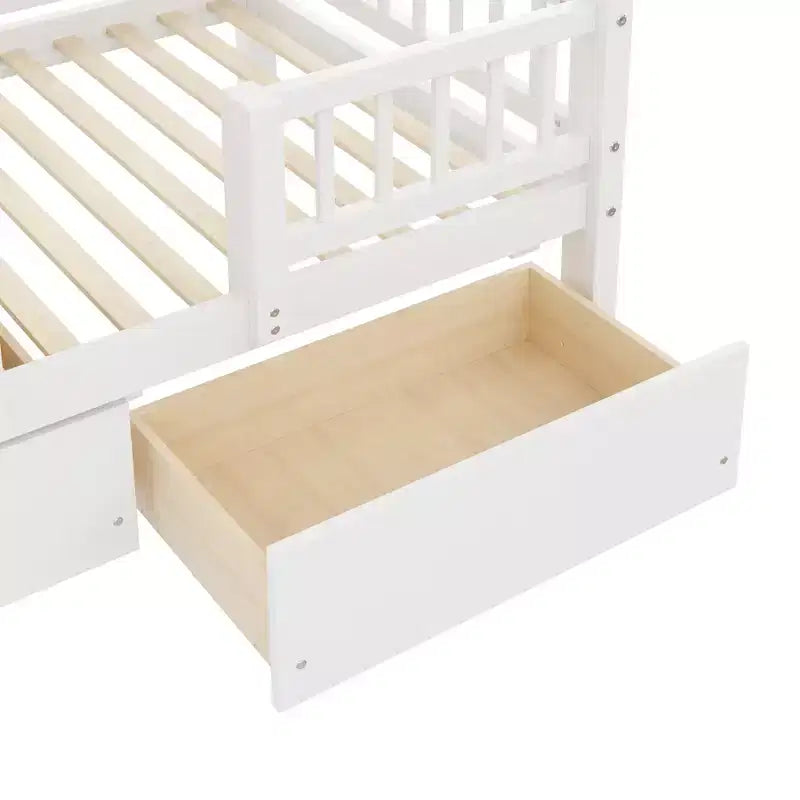 Doppel-Etagenbett mit Rutsche und Treppe mit Stauraum, Etagenbettgestell aus massivem Kiefernholz in Doppelbettgröße mit Schubladen und Schutzgeländer