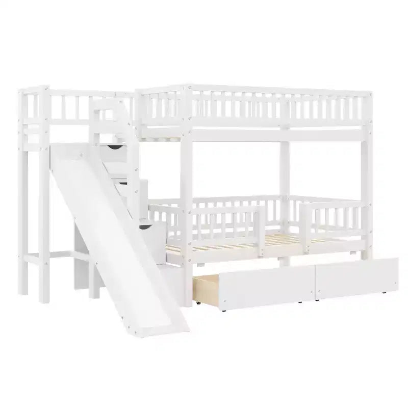 Doppel-Etagenbett mit Rutsche und Treppe mit Stauraum, Etagenbettgestell aus massivem Kiefernholz in Doppelbettgröße mit Schubladen und Schutzgeländer