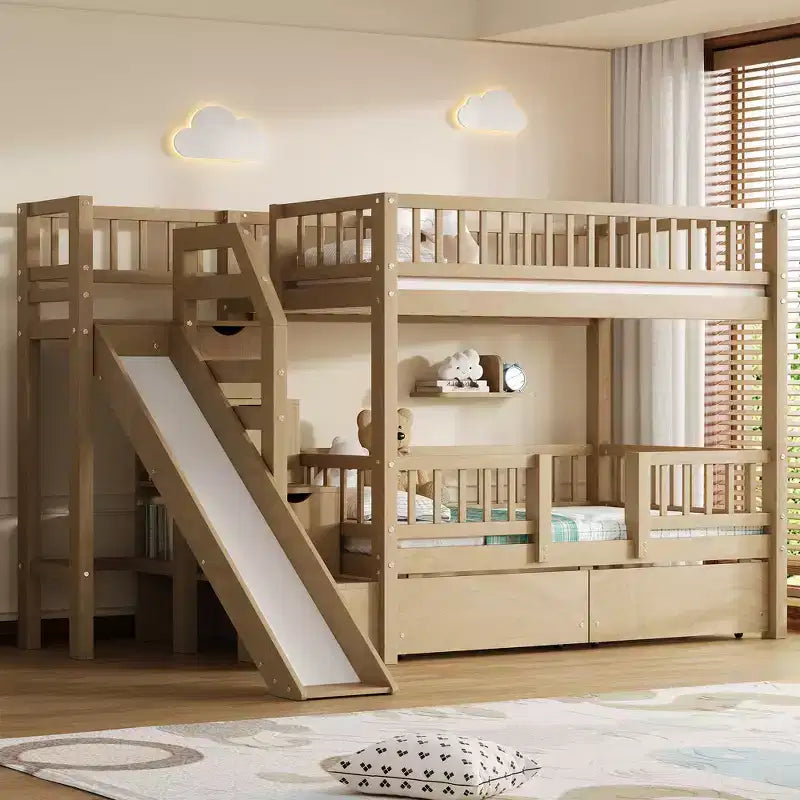 Twin Over Twin Bunk Bed with Slide and Storage Staircase, Twin Size Solid Pine Wood Bunk Bed Frame with Drawers and Guardrail