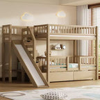 Twin Over Twin Bunk Bed with Slide and Storage Staircase, Twin Size Solid Pine Wood Bunk Bed Frame with Drawers and Guardrail