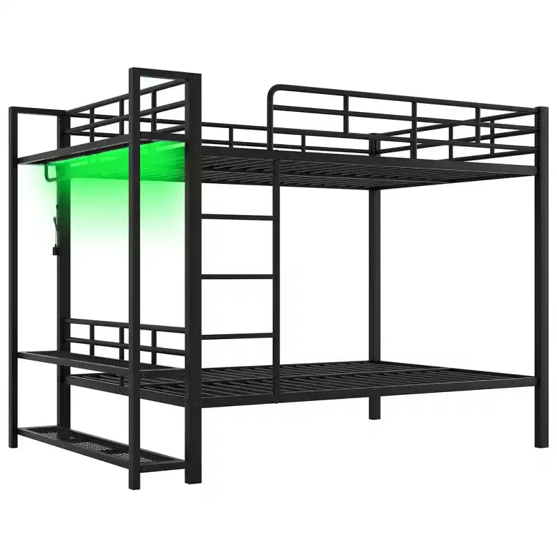 Etagenbett aus Metall (Full Over Full) mit Netzablagen und Kleiderhaken, platzsparendes Metallbettgestell mit LED-Beleuchtung