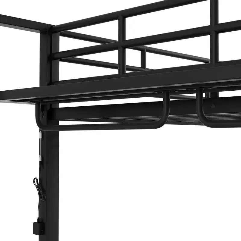 Etagenbett aus Metall (Full Over Full) mit Netzablagen und Kleiderhaken, platzsparendes Metallbettgestell mit LED-Beleuchtung