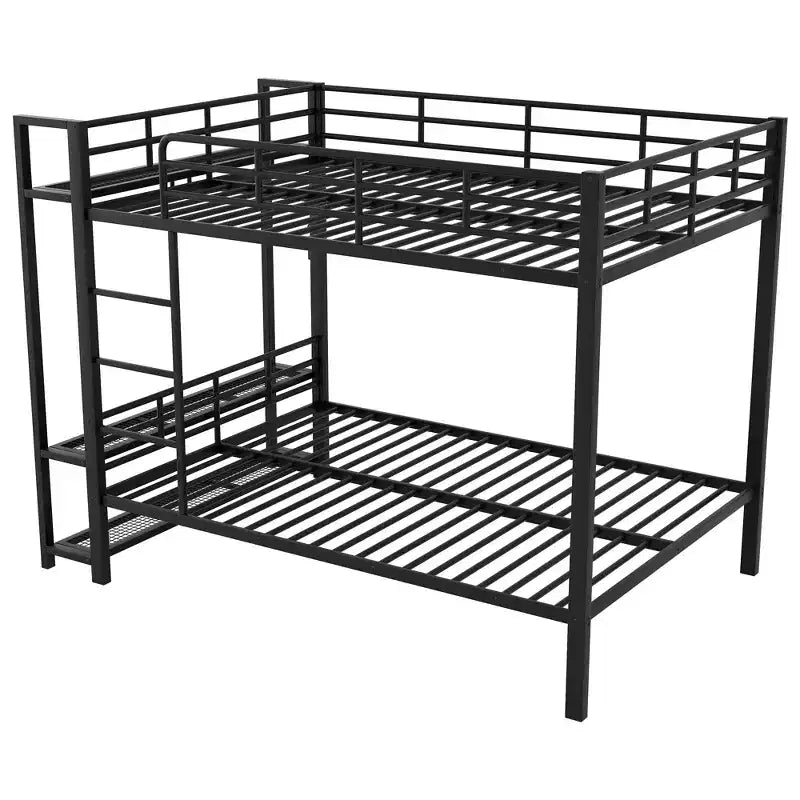 Etagenbett aus Metall (Full Over Full) mit Netzablagen und Kleiderhaken, platzsparendes Metallbettgestell mit LED-Beleuchtung