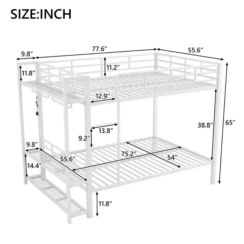 Etagenbett aus Metall (Full Over Full) mit Netzablagen und Kleiderhaken, platzsparendes Metallbettgestell mit LED-Beleuchtung