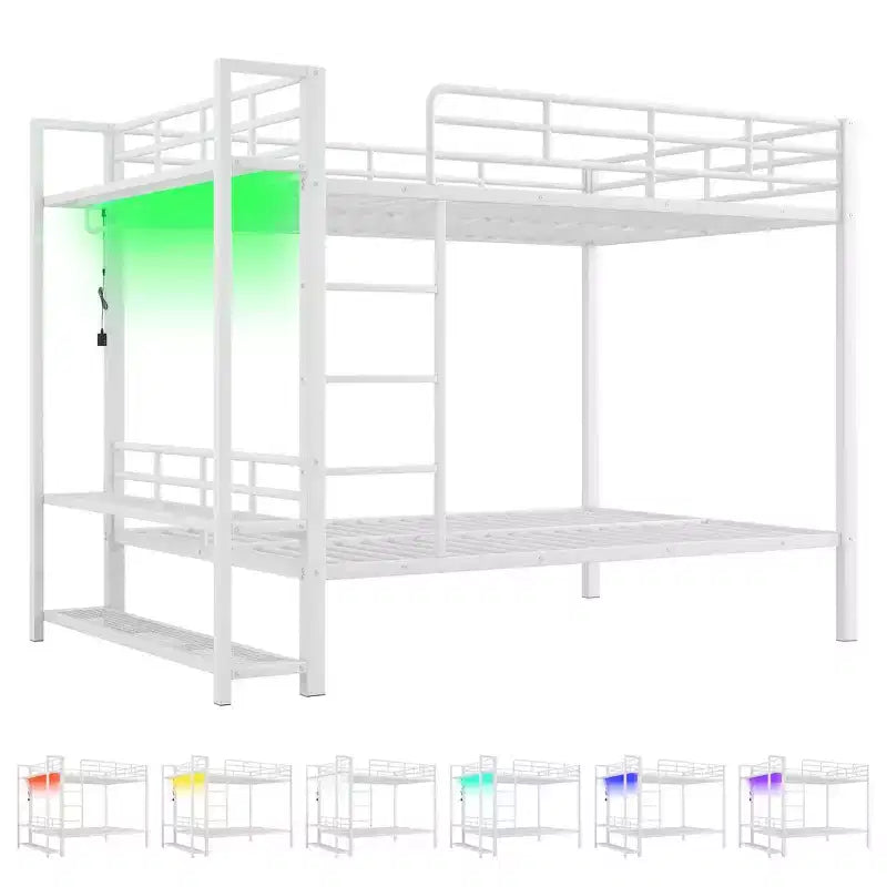 Etagenbett aus Metall (Full Over Full) mit Netzablagen und Kleiderhaken, platzsparendes Metallbettgestell mit LED-Beleuchtung