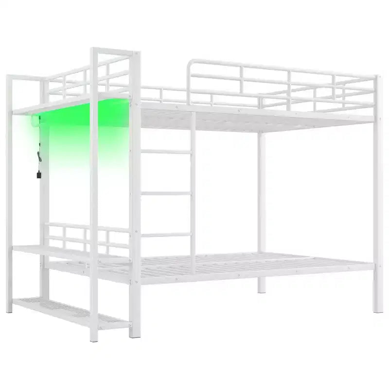 Etagenbett aus Metall (Full Over Full) mit Netzablagen und Kleiderhaken, platzsparendes Metallbettgestell mit LED-Beleuchtung
