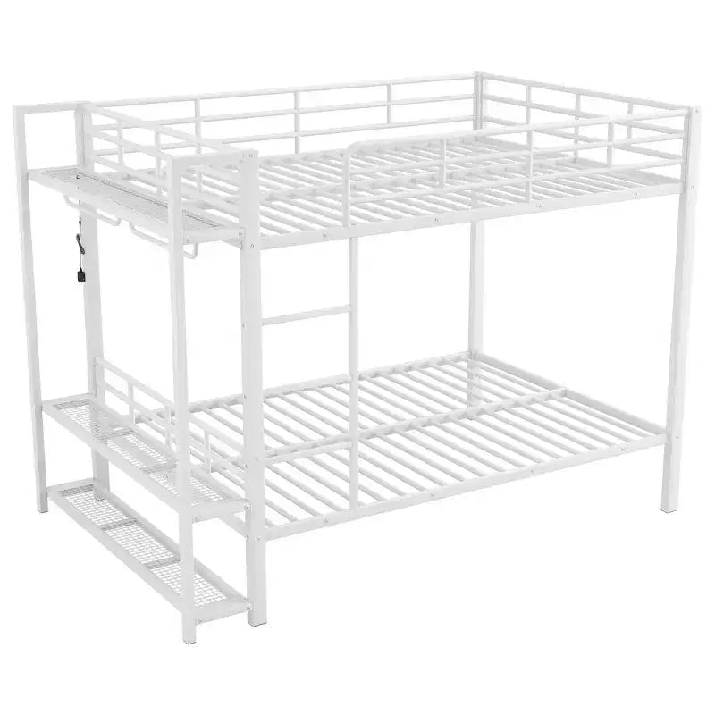 Etagenbett aus Metall (Full Over Full) mit Netzablagen und Kleiderhaken, platzsparendes Metallbettgestell mit LED-Beleuchtung