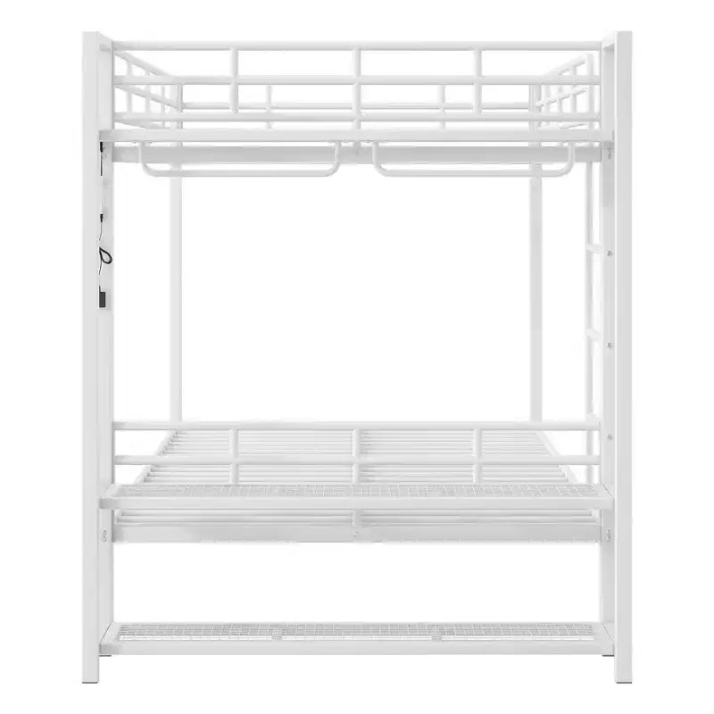 Etagenbett aus Metall (Full Over Full) mit Netzablagen und Kleiderhaken, platzsparendes Metallbettgestell mit LED-Beleuchtung
