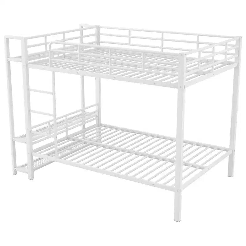 Etagenbett aus Metall (Full Over Full) mit Netzablagen und Kleiderhaken, platzsparendes Metallbettgestell mit LED-Beleuchtung