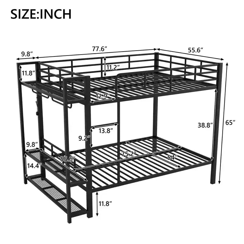 Etagenbett aus Metall (Full Over Full) mit Netzablagen und Kleiderhaken, platzsparendes Metallbettgestell mit LED-Beleuchtung