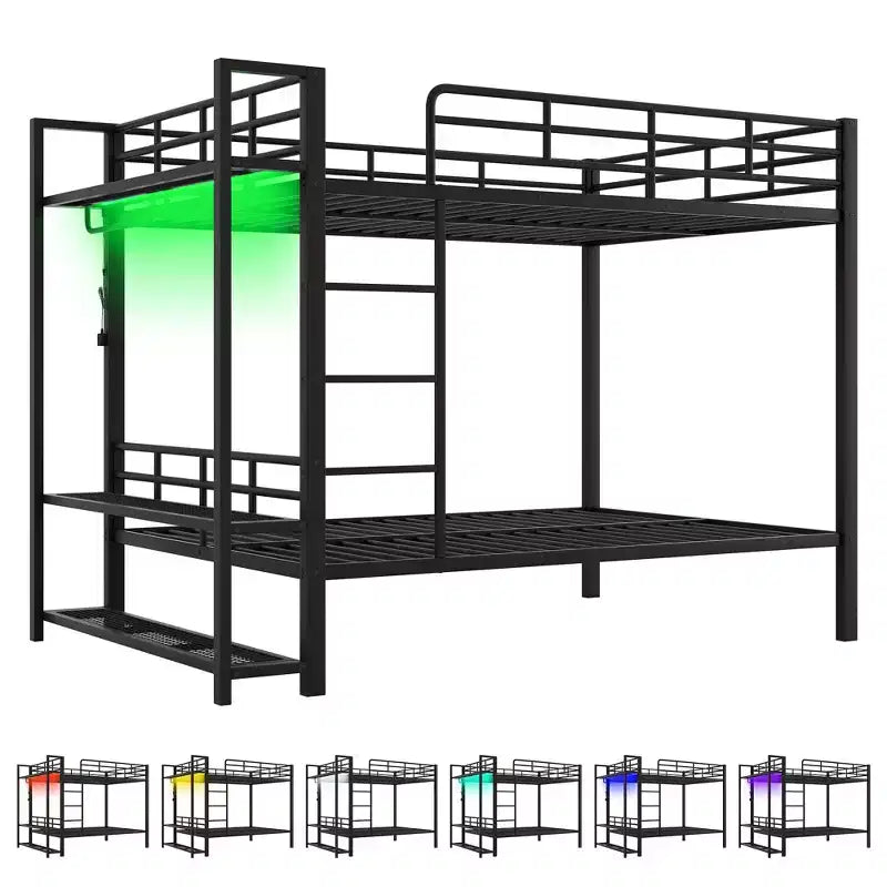 Etagenbett aus Metall (Full Over Full) mit Netzablagen und Kleiderhaken, platzsparendes Metallbettgestell mit LED-Beleuchtung