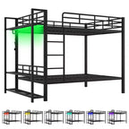 Etagenbett aus Metall (Full Over Full) mit Netzablagen und Kleiderhaken, platzsparendes Metallbettgestell mit LED-Beleuchtung