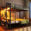 Full Over Full Metal Bunk Beds with Storage Mesh Shelves and Clothes Hooks, Space Saving Metal Bed Frame with LED Light