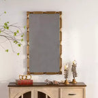 40" x 22" Moderner rechteckiger Wandspiegel im Bambus-Stil, Rahmen aus massivem, mattgoldfarbenem Holz, für Wohnzimmer & Diele