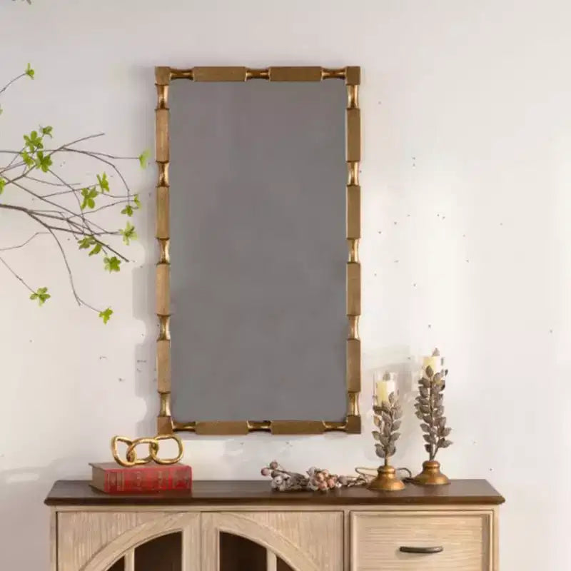 40" x 22" Moderner rechteckiger Wandspiegel im Bambus-Stil, Rahmen aus massivem, mattgoldfarbenem Holz, für Wohnzimmer & Diele