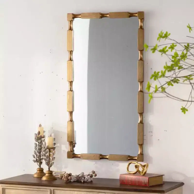 40" x 22" Moderner rechteckiger Wandspiegel im Bambus-Stil, Rahmen aus massivem, mattgoldfarbenem Holz, für Wohnzimmer & Diele