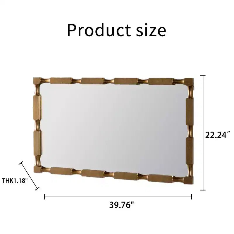 40" x 22" Moderner rechteckiger Wandspiegel im Bambus-Stil, Rahmen aus massivem, mattgoldfarbenem Holz, für Wohnzimmer & Diele