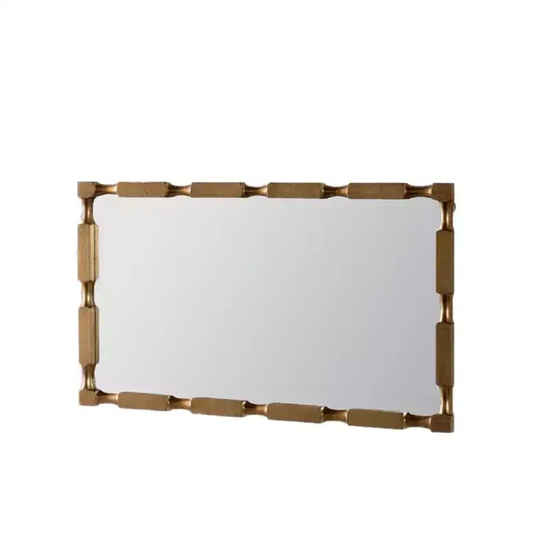 40" x 22" Moderner rechteckiger Wandspiegel im Bambus-Stil, Rahmen aus massivem, mattgoldfarbenem Holz, für Wohnzimmer & Diele