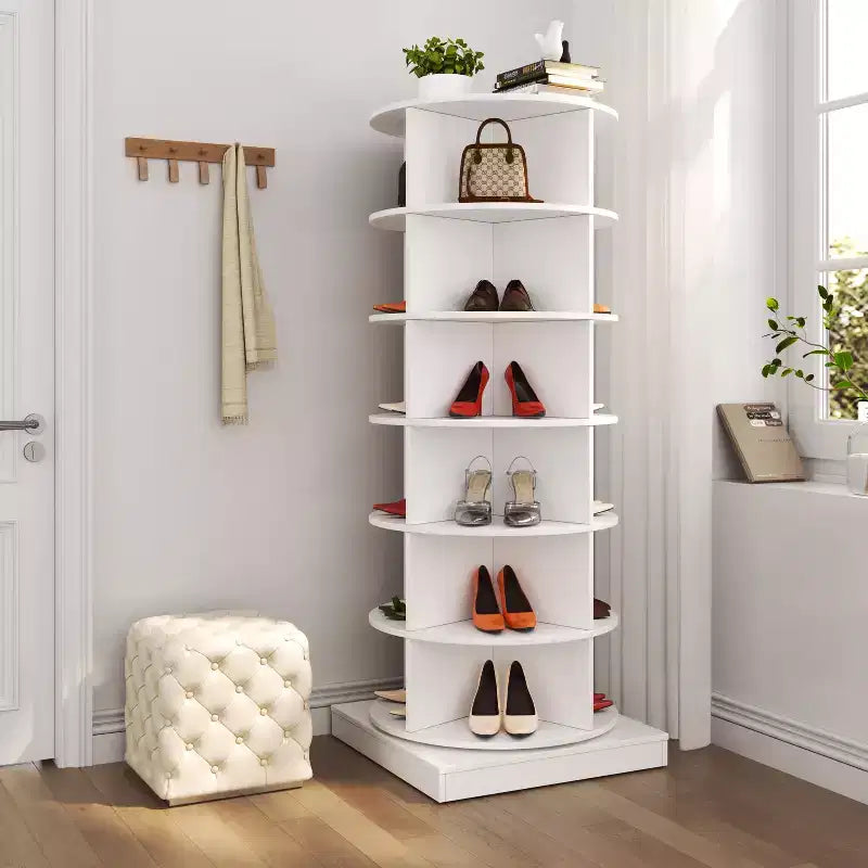 142-cm rotierender 360°-Schuhschrank, 6-stöckiges modernes Aufbewahrungsmöbel für 24 Paar Schuhe, Weiß