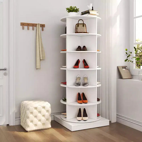 142-cm rotierender 360°-Schuhschrank, 6-stöckiges modernes Aufbewahrungsmöbel für 24 Paar Schuhe, Weiß