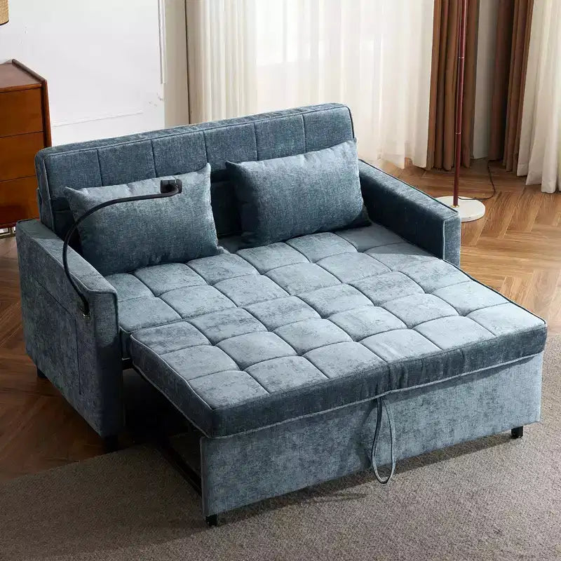 56.9 Loveseat Sofa Pull-out Sofa Bed Sleeper with Reversible Backrest Cushion Side Pockets Holder for Living Room Blue