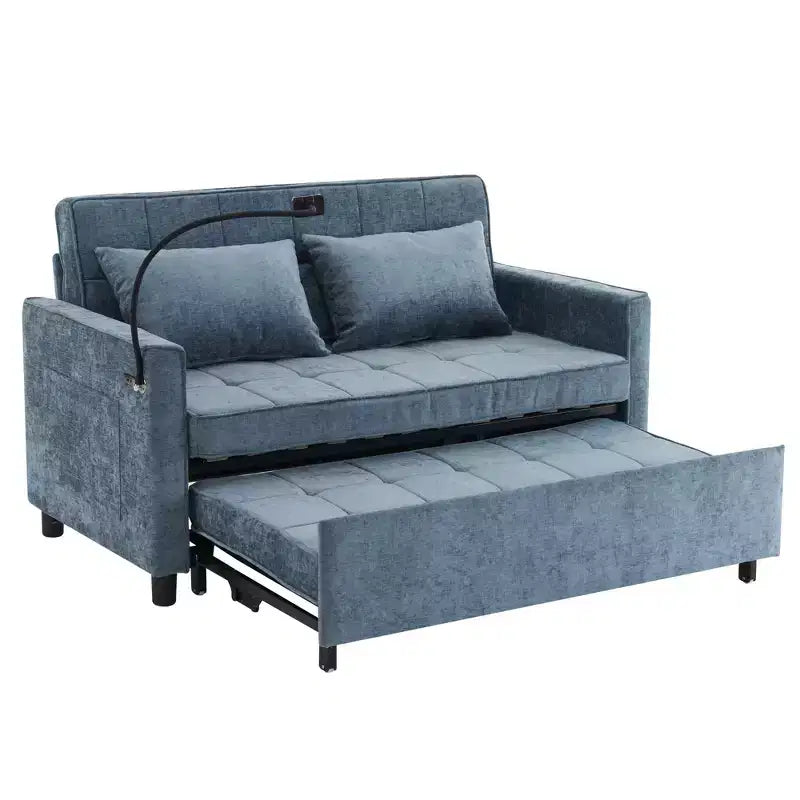 144,5 cm Loveseat Schlafsofa mit ausziehbarer Matratze, beidseitig verwendbarer Rückenlehne, USB-Anschlüssen, Seitentaschen und Handyhalter, Blau